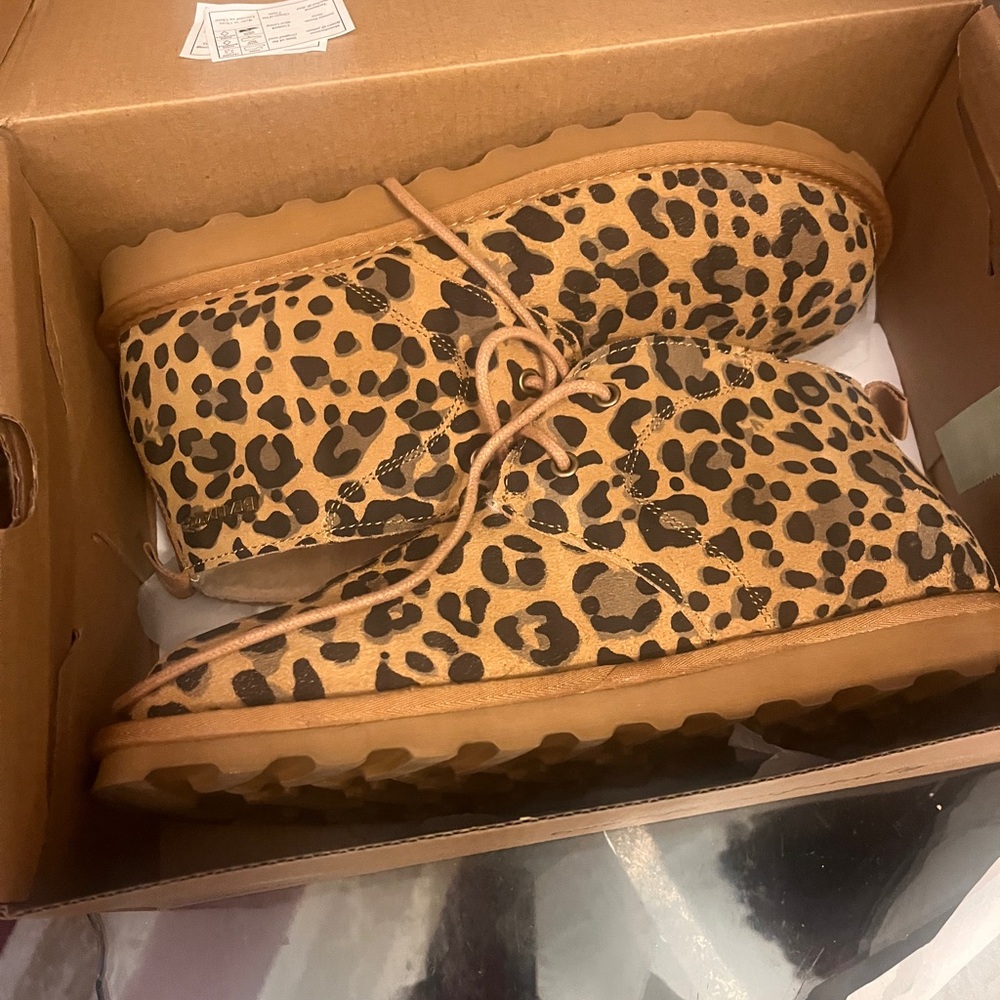 BearPaw Leopard Print Tan & Black Ankle Boots